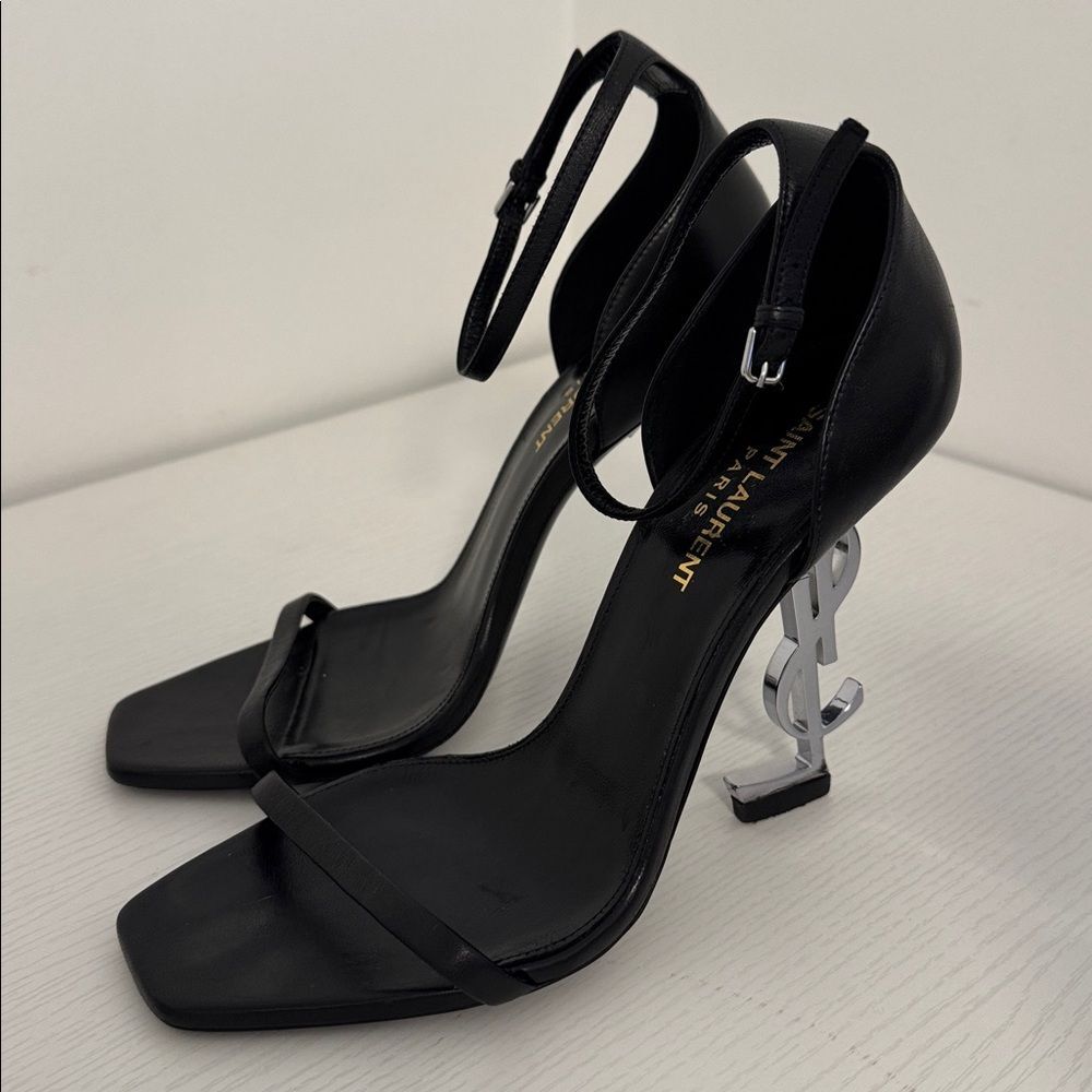 Saint Laurent Opyum YSL Logo Black Leather Silver High Heel Sandal EU 38 US 8 - Picture 4 of 10